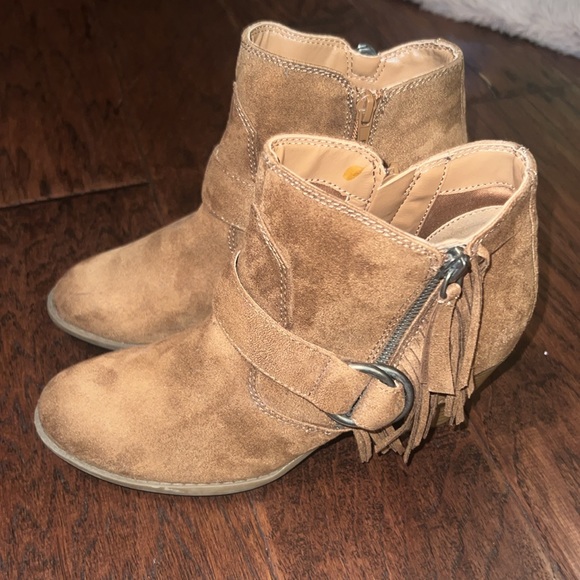 Índigo brown suede ankle boots chunky heel fringe & buckle side zip up size 7 - Picture 6 of 12